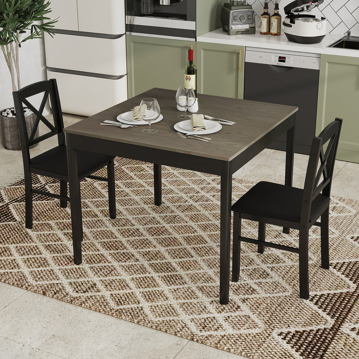 3-Piece Dining Table Set Wooden Square Kitchen Table for 2 People-Gray