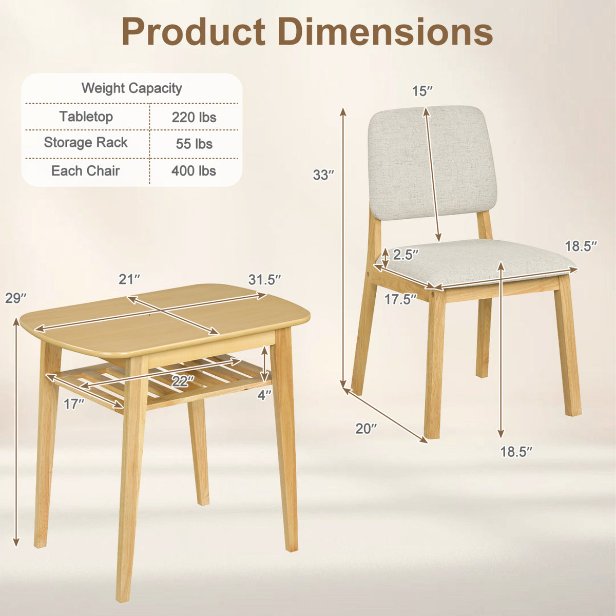 3-Piece Dining Table Set for 2 with Upholstered Chairs-Natural