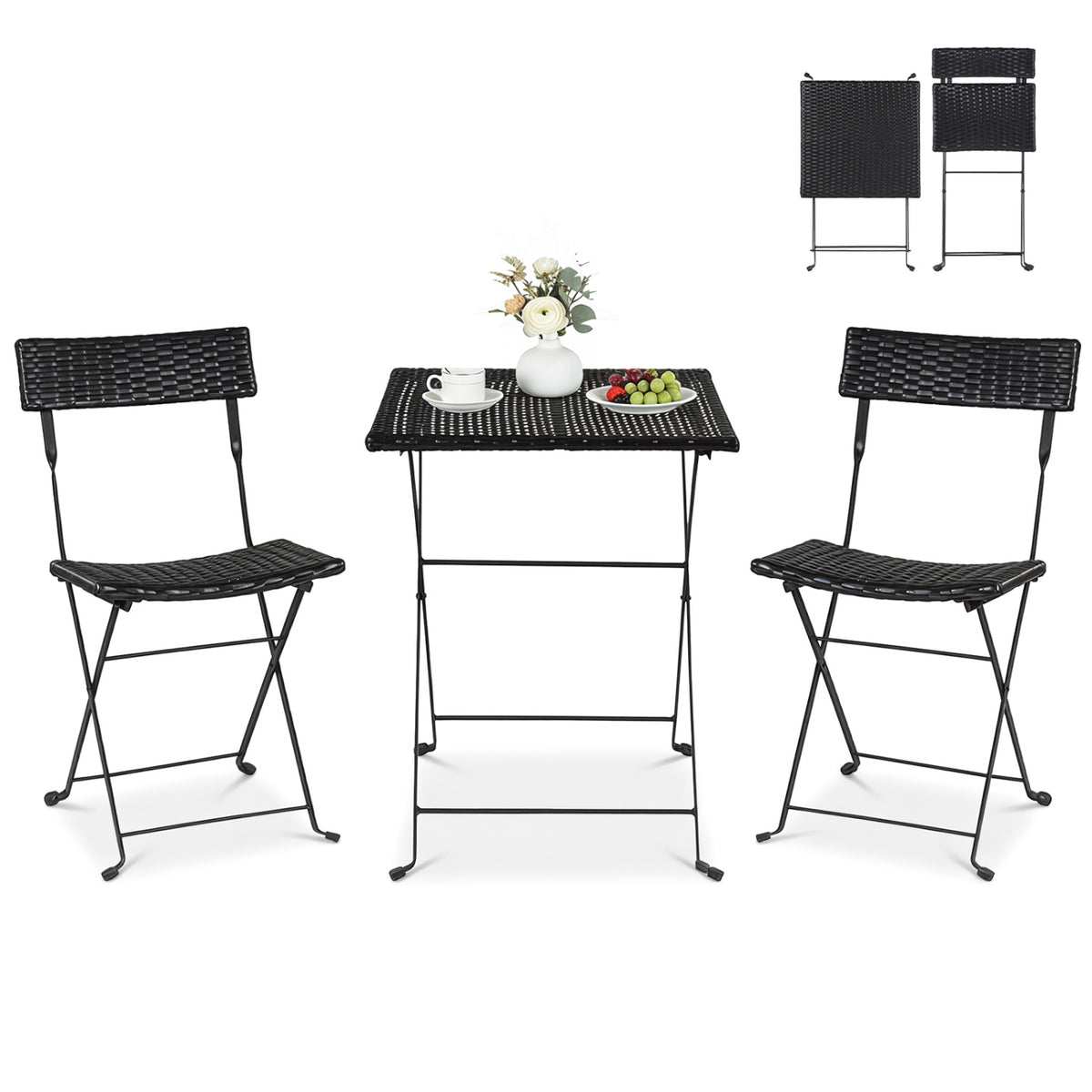 3-Piece Folding Bistro Set with PE Wicker and X-Shaped Metal Frame-Black