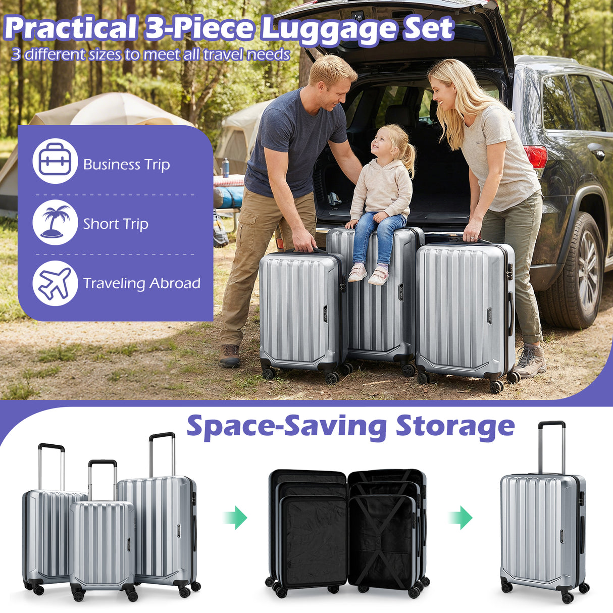 3-Piece Hardside Luggage Set (20/24/28 Inch) Lightweight with 3-Digital Lock-Gray