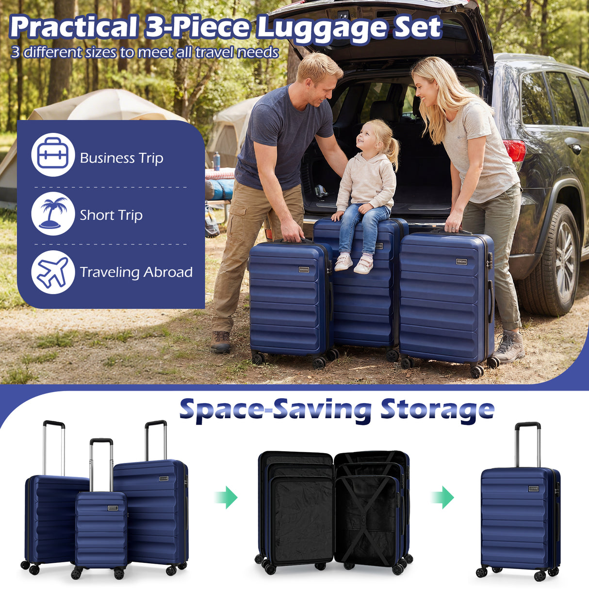 3-Piece Hardside Luggage Set 20/24/28 Inch Lightweight Hardside Suitcases-Navy