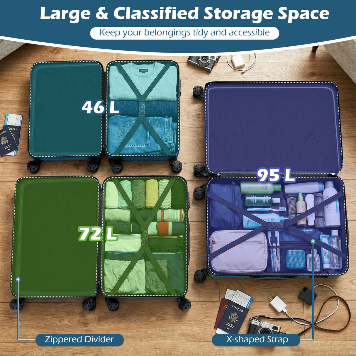 3-Piece Hardside Luggage Set Lightweight Hardside Suitcases with 8-Spinner Wheels-Blue