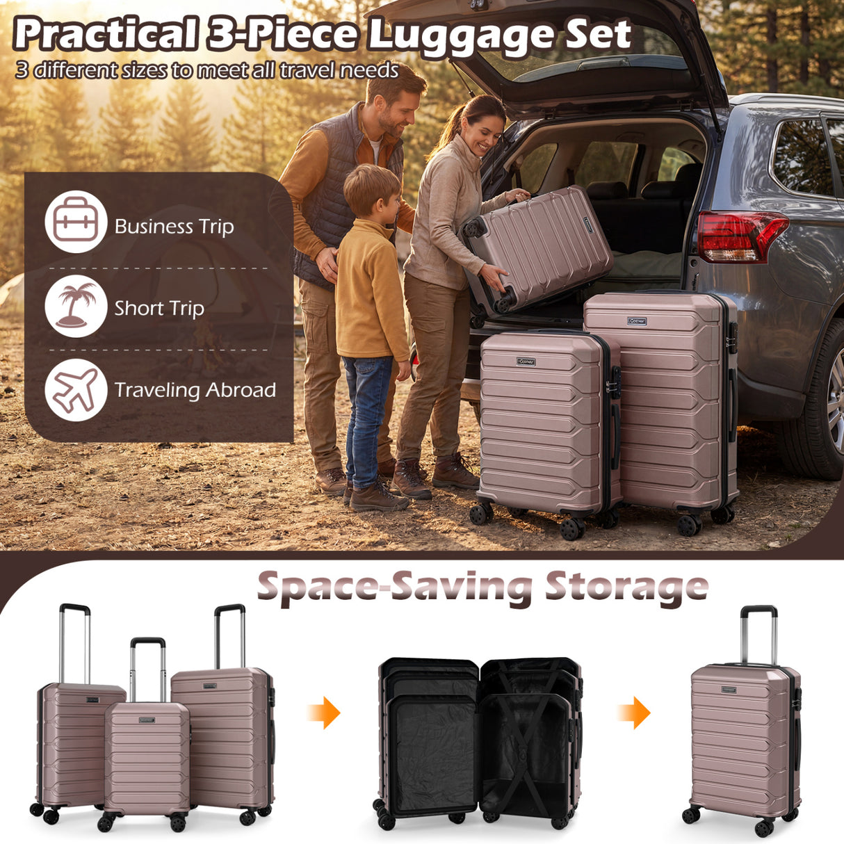 3-Piece Hardside Luggage Set Lightweight Hardside Suitcases with 8-Spinner Wheels-Pink