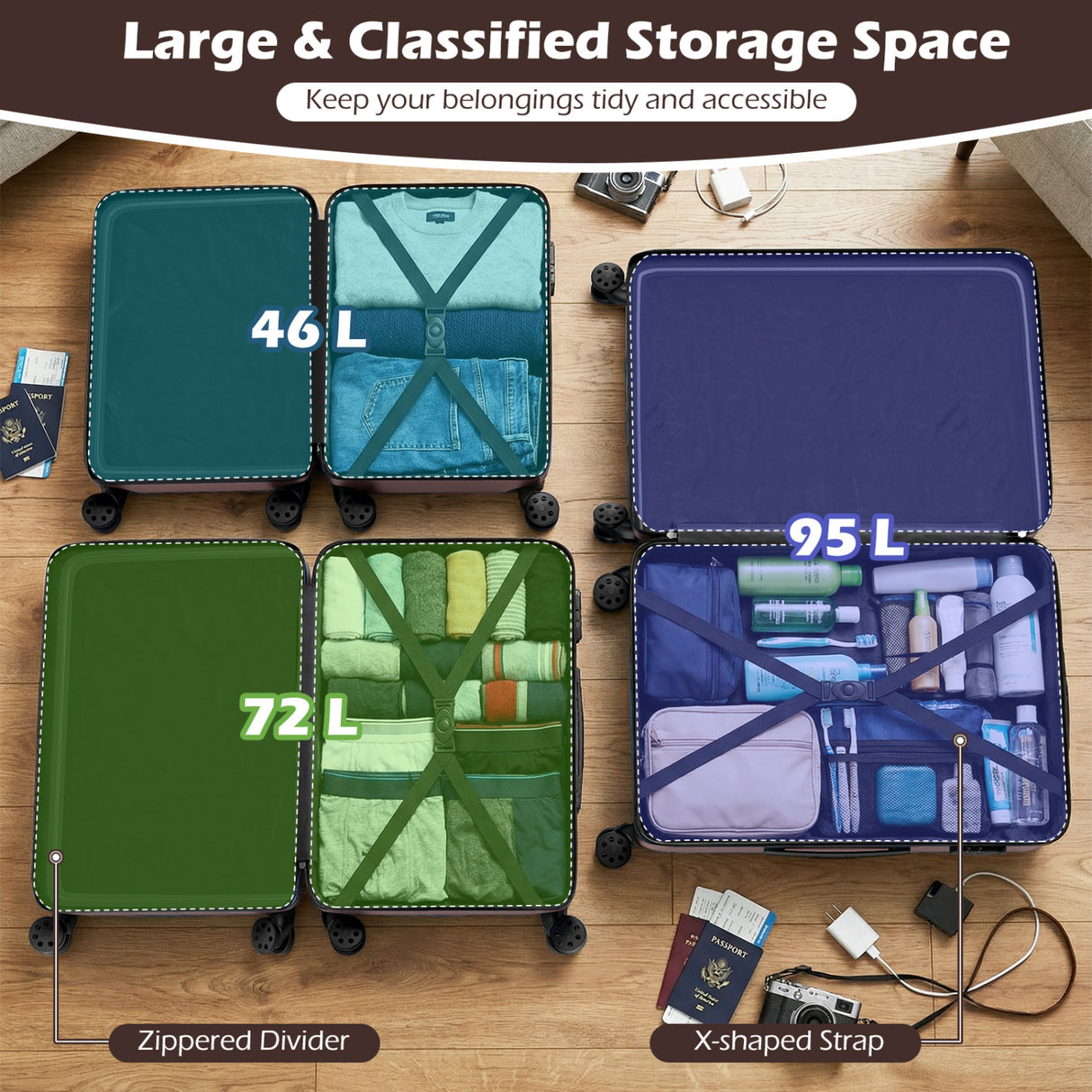 3-Piece Hardside Luggage Set Lightweight Hardside Suitcases with 8-Spinner Wheels-Pink