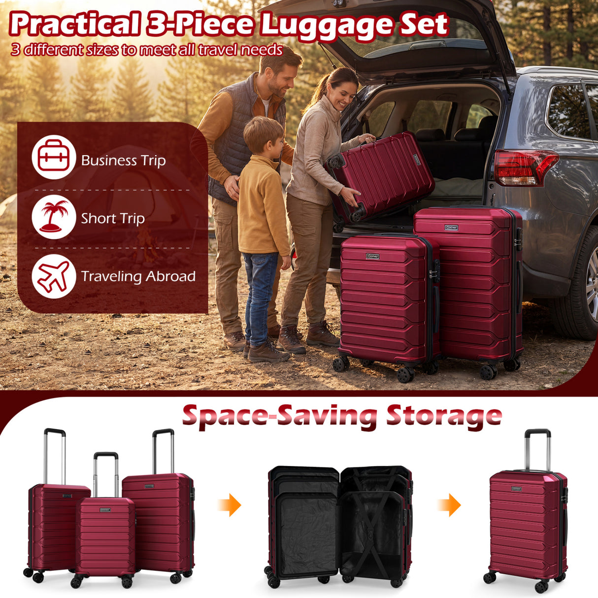 3-Piece Hardside Luggage Set Lightweight Hardside Suitcases with 8-Spinner Wheels-Red
