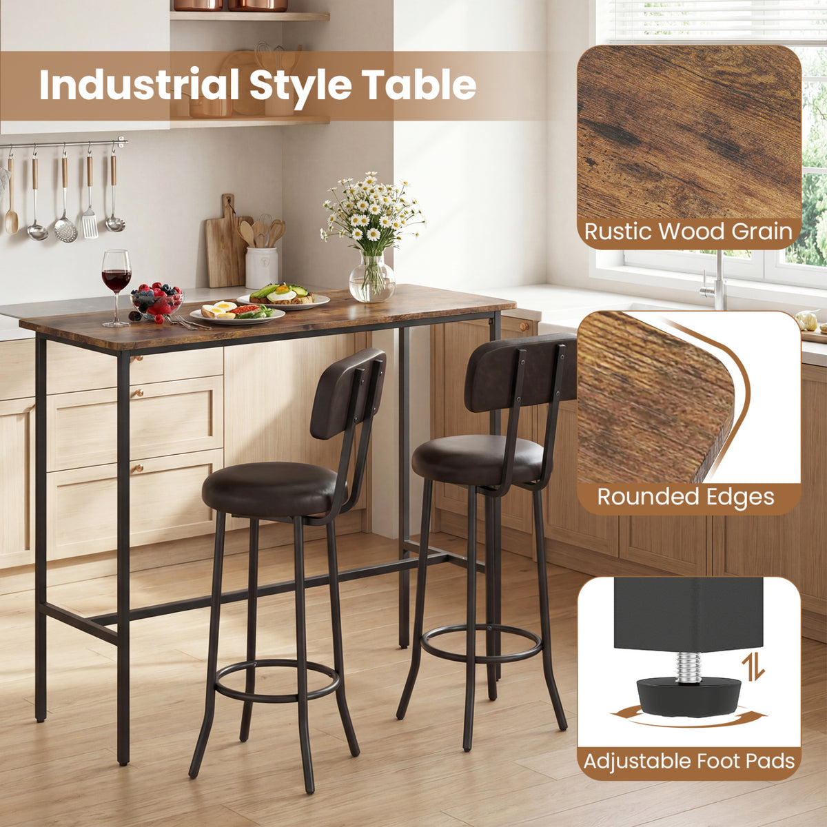3-Piece Industrial Bar Table Set with 2 Upholstered Stools and Footrests for Dining Room-Rustic Brown