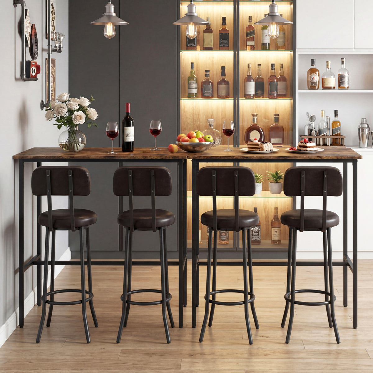 3-Piece Industrial Bar Table Set with 2 Upholstered Stools and Footrests for Dining Room-Rustic Brown