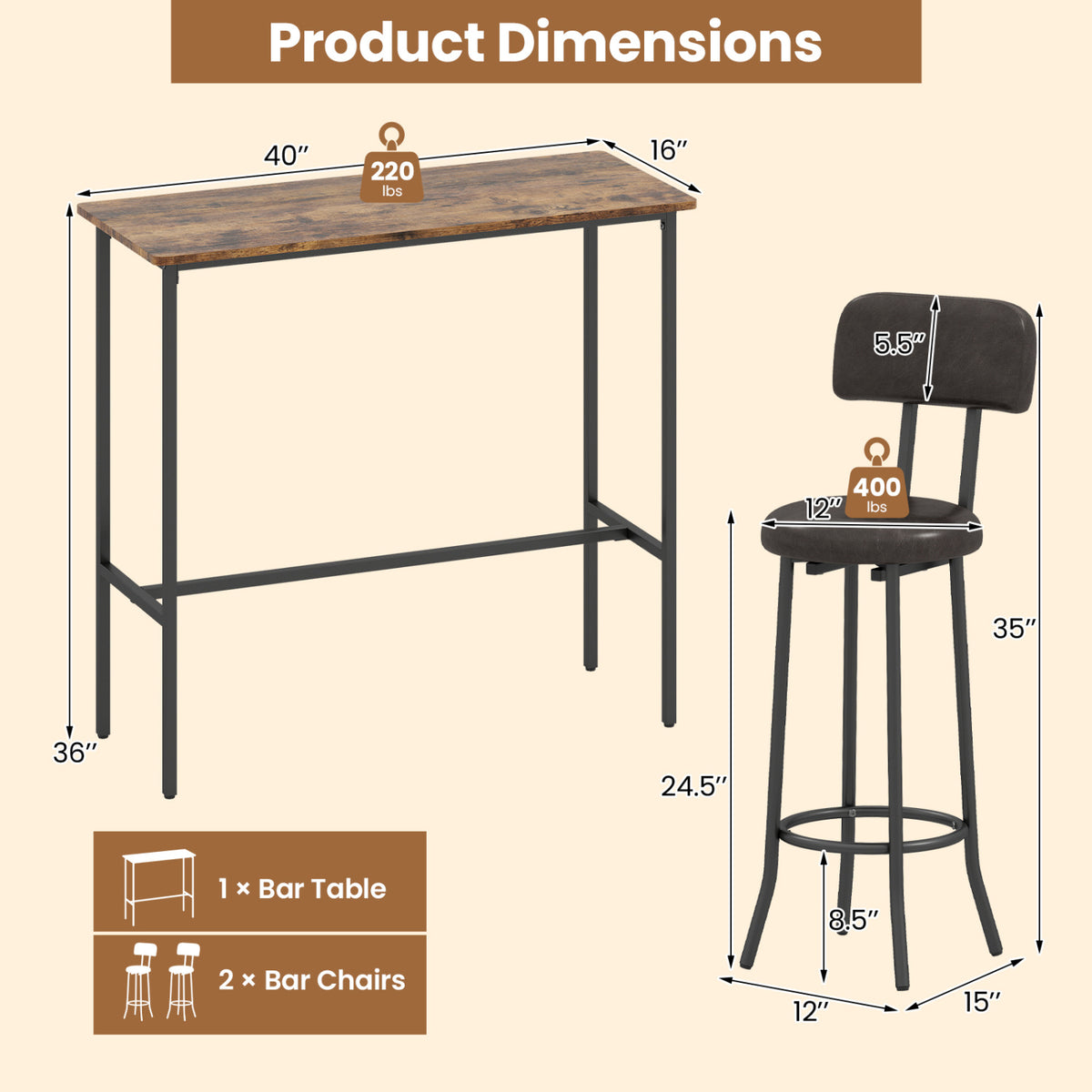3-Piece Industrial Bar Table Set with 2 Upholstered Stools and Footrests for Dining Room-Rustic Brown