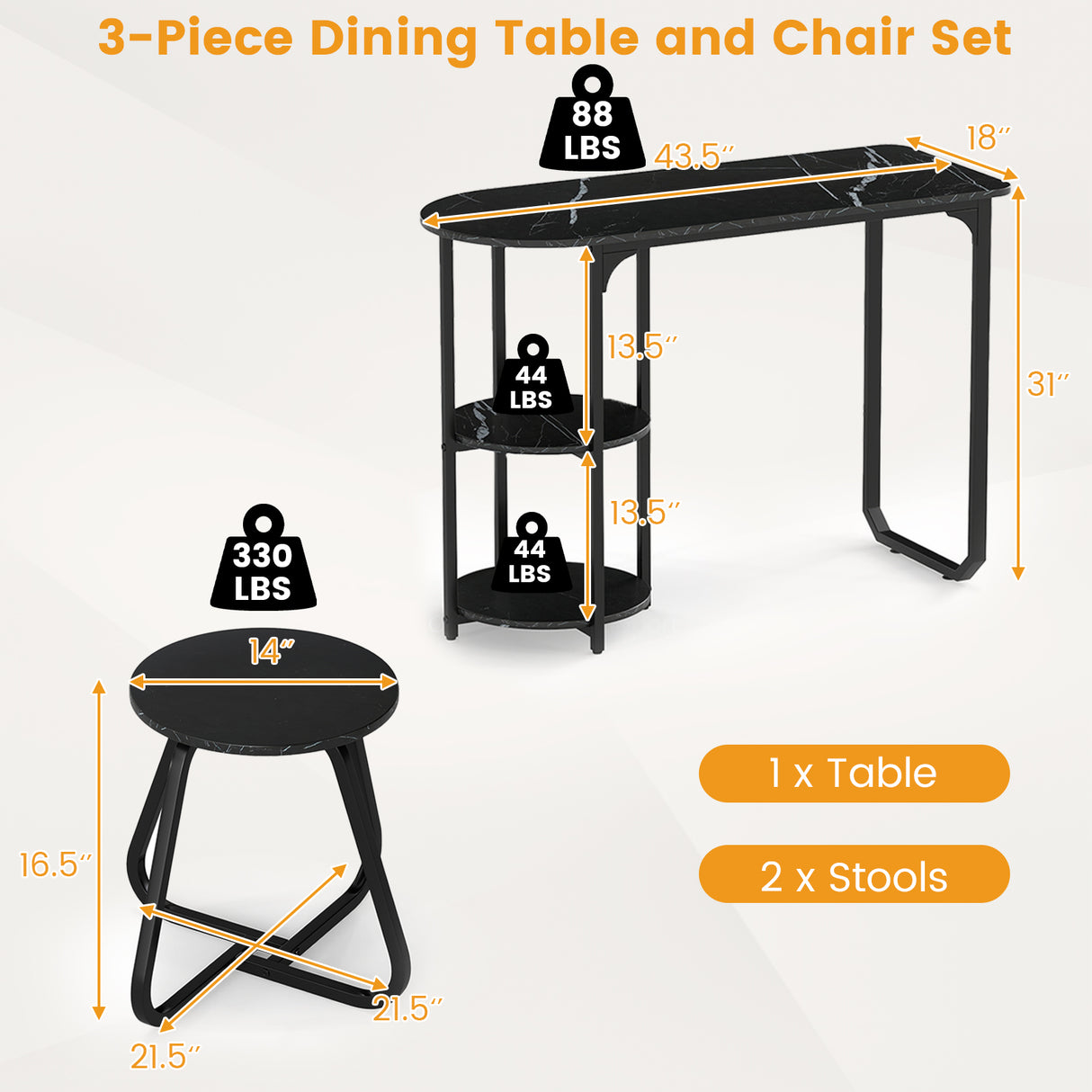 3-Piece Industrial Dining Table Set for Small Space-Black