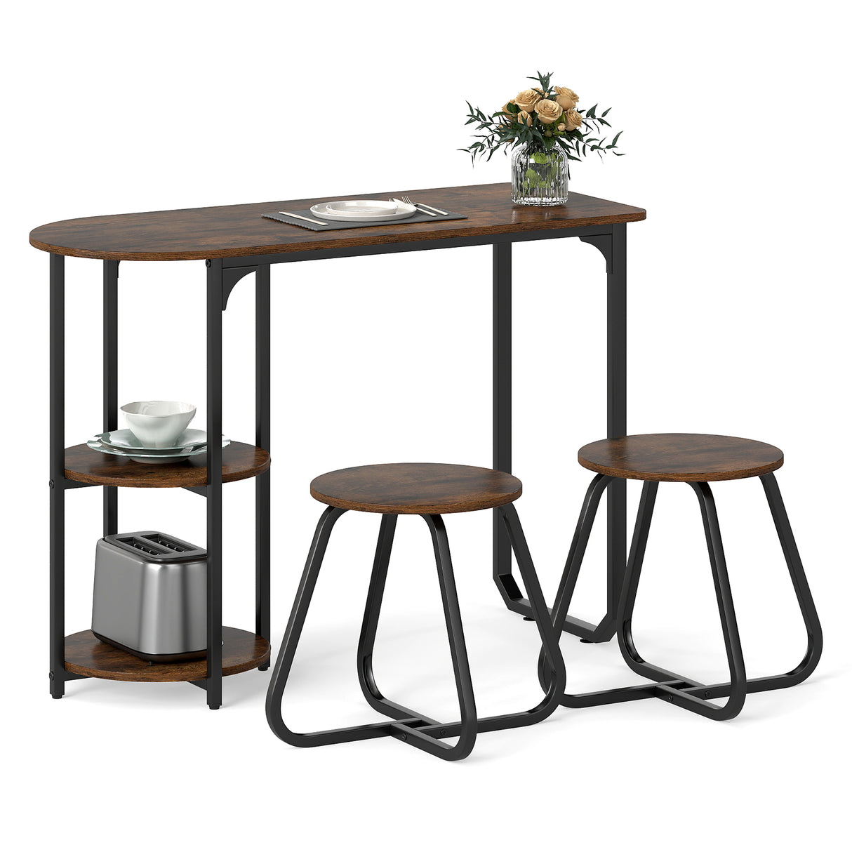 3-Piece Industrial Dining Table Set for Small Space-Rustic Brown