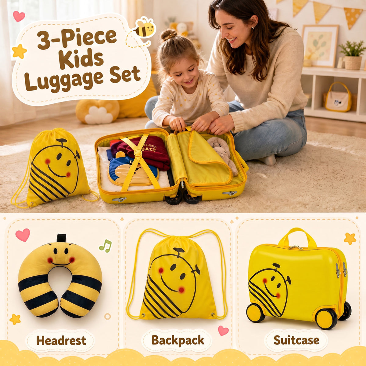 3-Piece Kids Carry-on Luggage Set with Headrest and Backpack for Travel-Yellow
