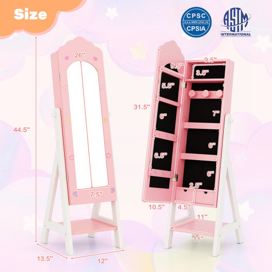 2 Pieces Kids Vanity Set and Jewelry Armoire Cabinet with Full-length Mirror-Pink