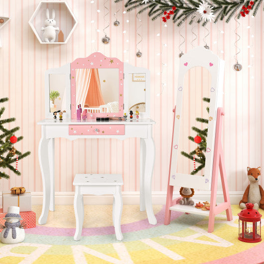 2 Pieces Kids Vanity Set and Jewelry Armoire Cabinet with Full-length Mirror-White