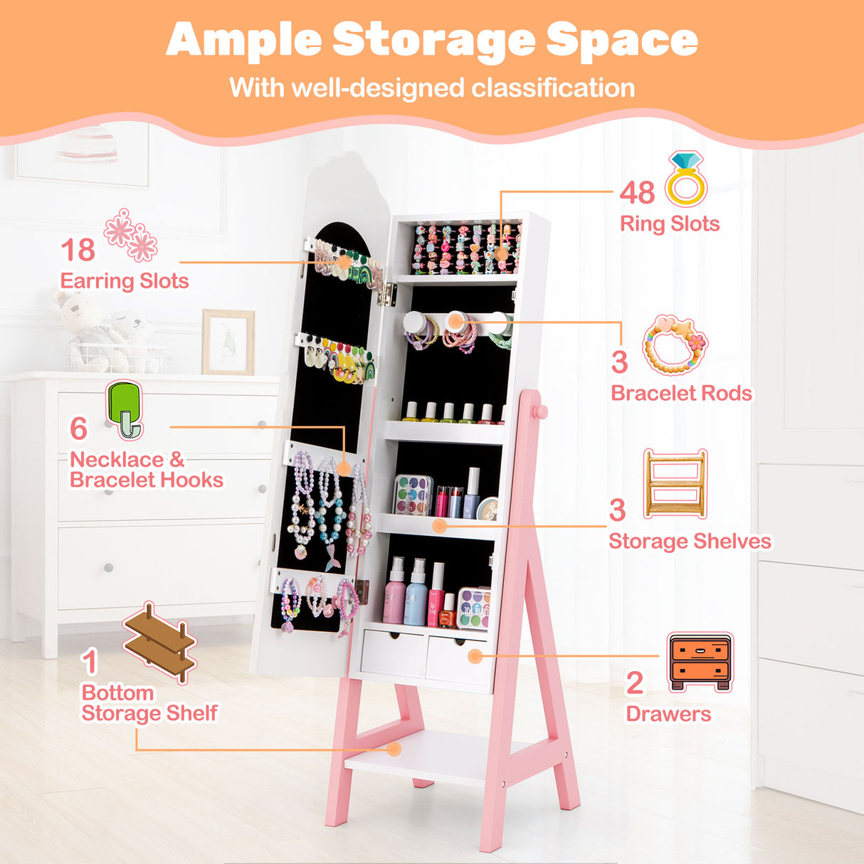 2 Pieces Kids Vanity Set and Jewelry Armoire Cabinet with Full-length Mirror-White