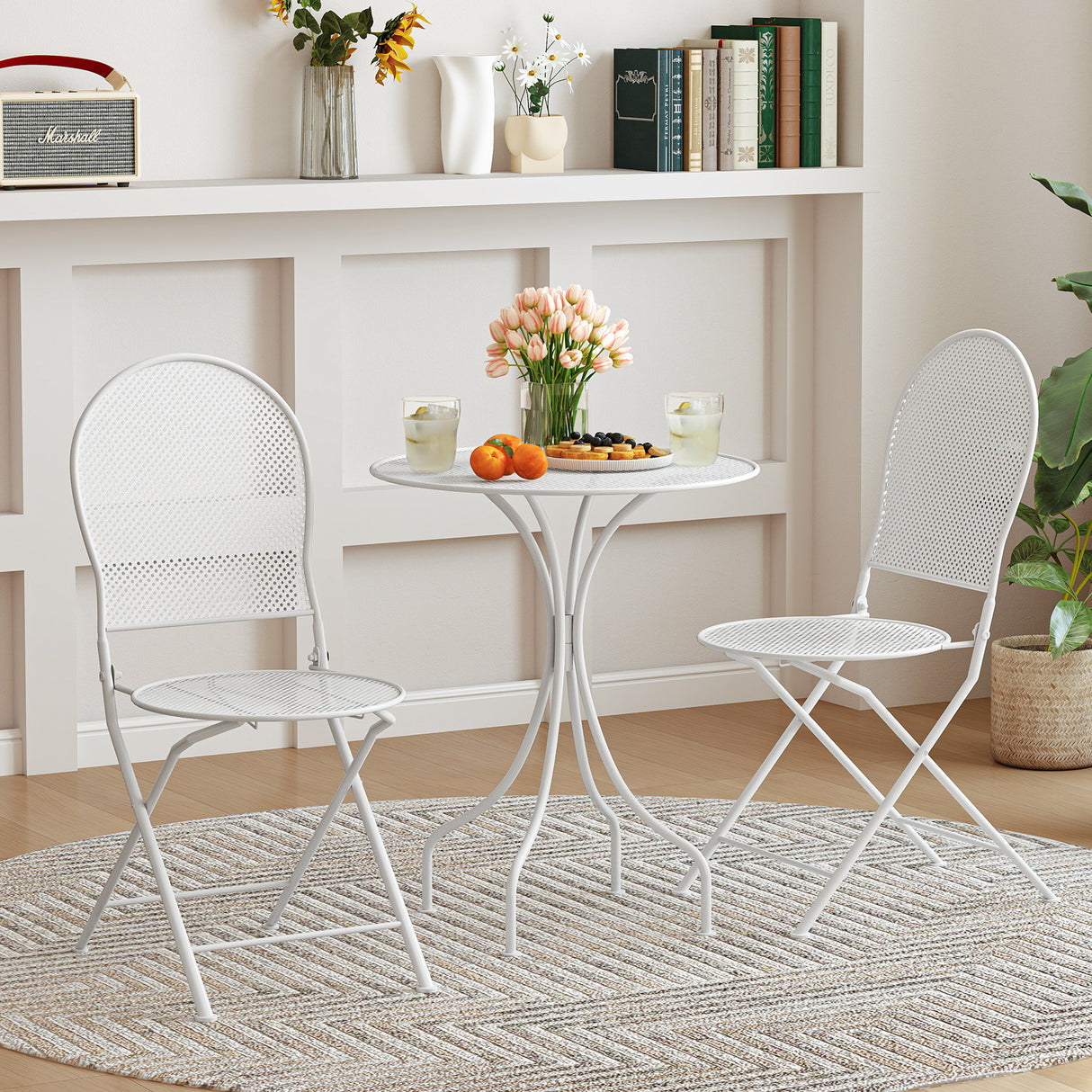 3 Piece Metal Bistro Patio Round Table and 2 Folding Chairs Set-White