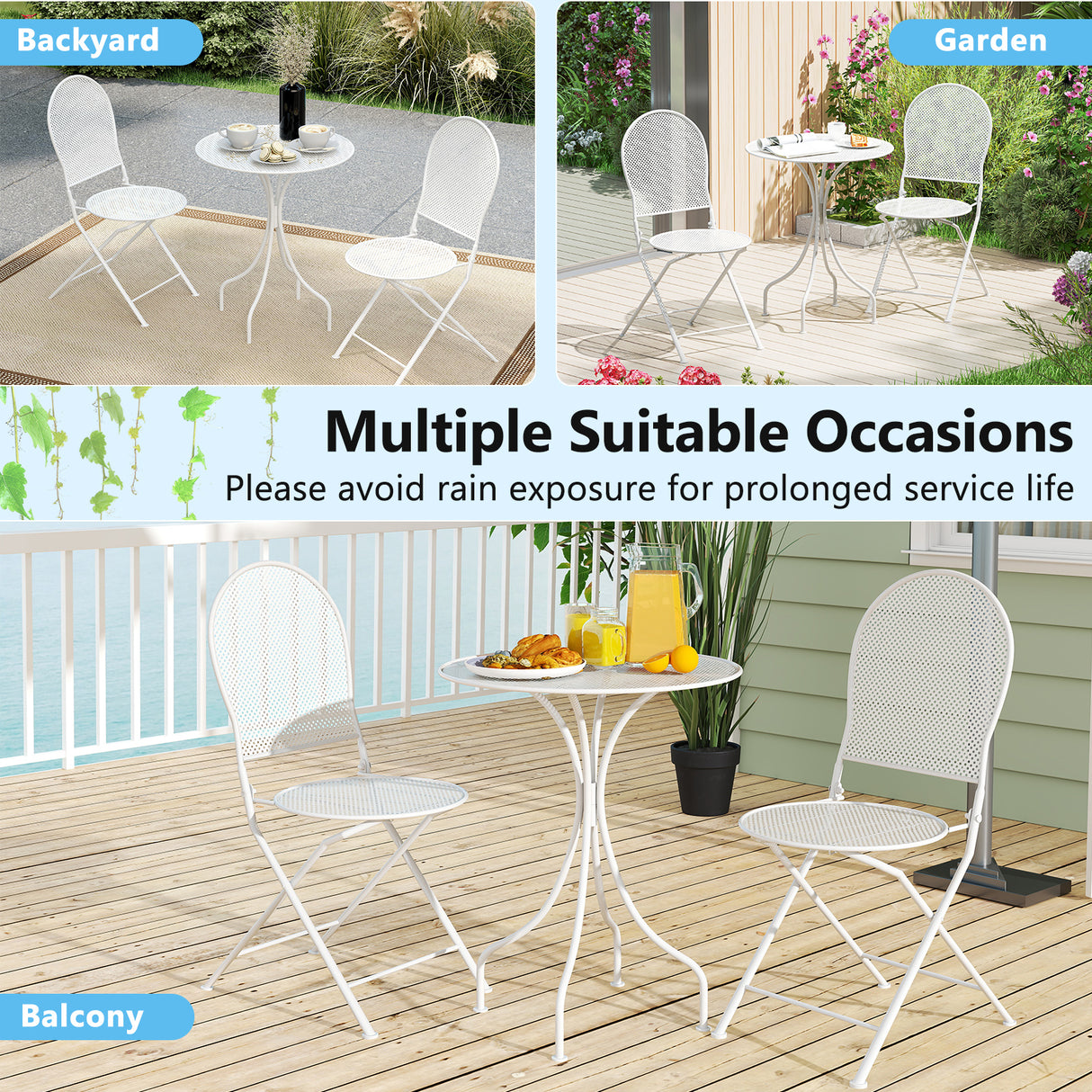 3 Piece Metal Bistro Patio Round Table and 2 Folding Chairs Set-White