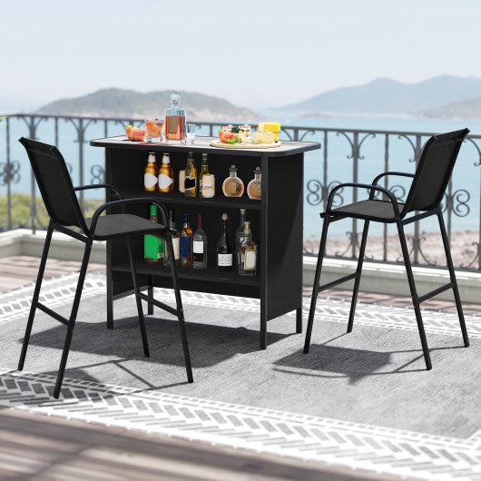 3 Piece Outdoor Bar Set with Footrest and 2-Tier Shelf-Black