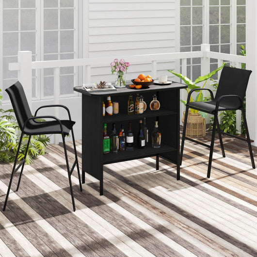 3 Piece Outdoor Bar Set with Footrest and 2-Tier Shelf-Black