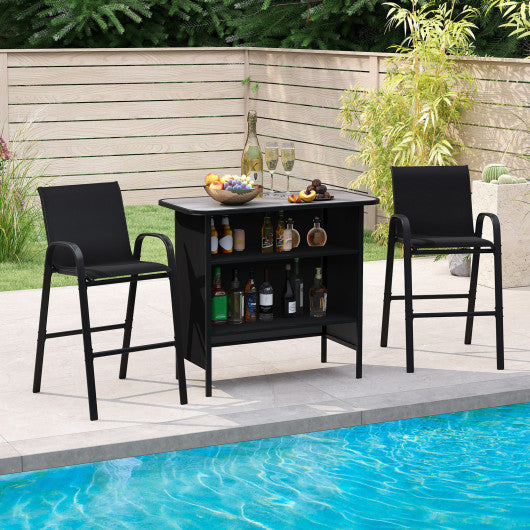 3 Piece Outdoor Bar Set with Footrest and 2-Tier Shelf-Black
