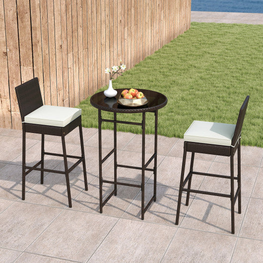 3 Piece Outdoor Bar Set Patio Heavy-Duty Metal Barstool and Table Set-White