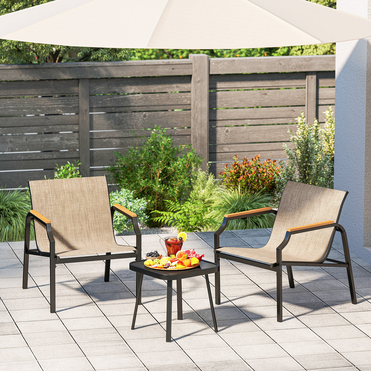 3 Piece Outdoor Chair Set with Breathable Fabric Seat and Armrests-Brown