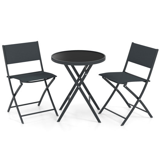 3 Piece Outdoor Folding Patio Bistro Set with Tempered Glass Coffee Table and 2 Patio Chairs