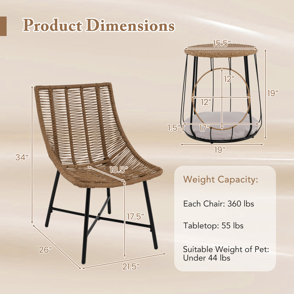 3 Piece Outdoor Furniture Set with Pet Housefor Patio Yard-Brown