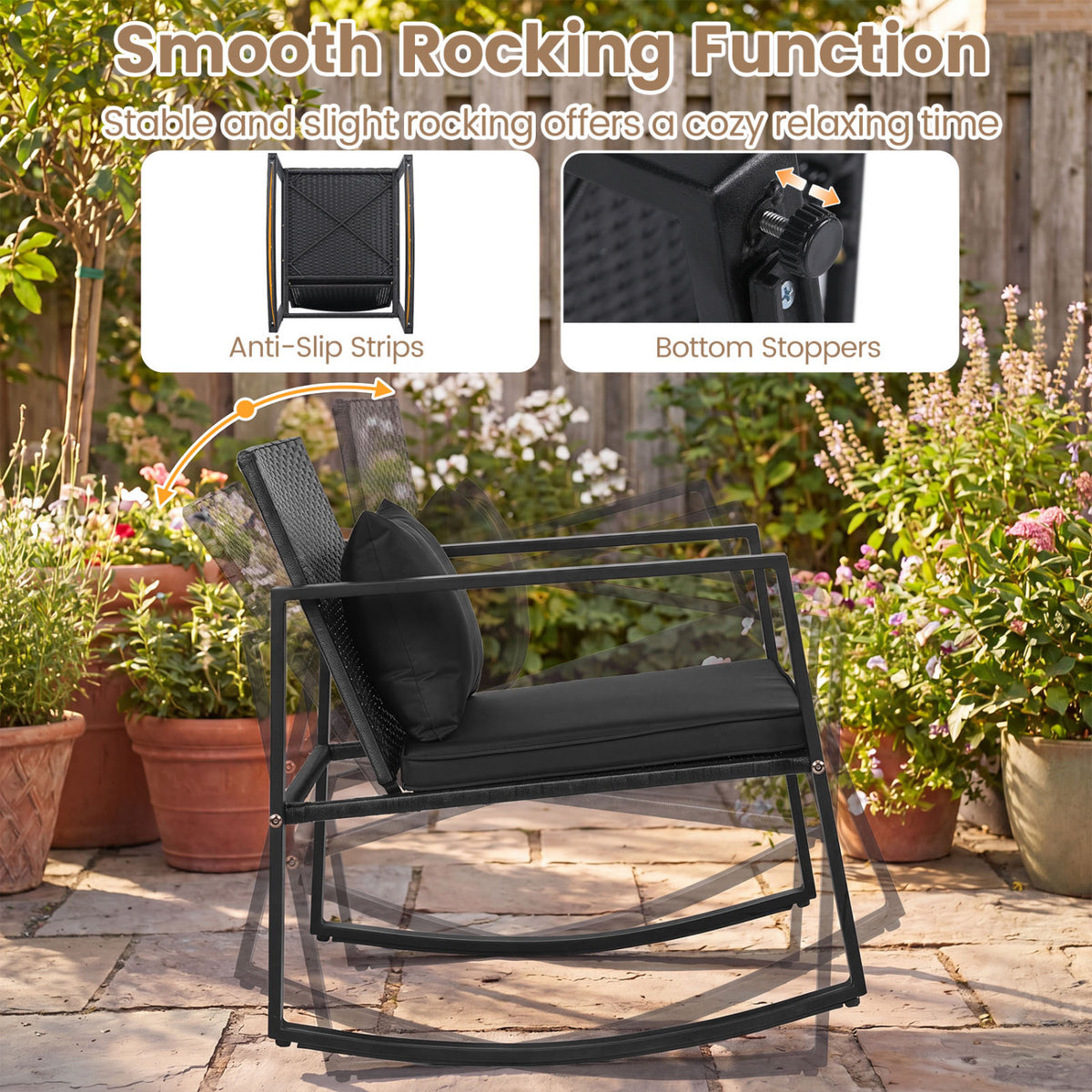 3-Piece Outdoor Rocking Bistro Set with Soft Cushions and Tempered Glass Table-Dark
