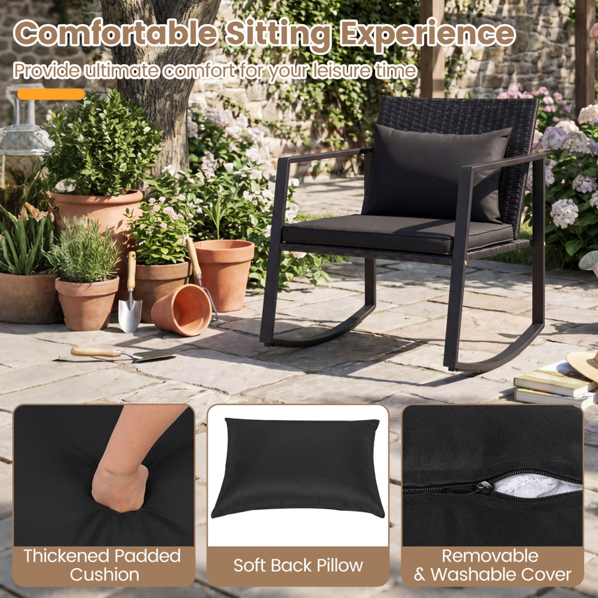 3-Piece Outdoor Rocking Bistro Set with Soft Cushions and Tempered Glass Table-Dark