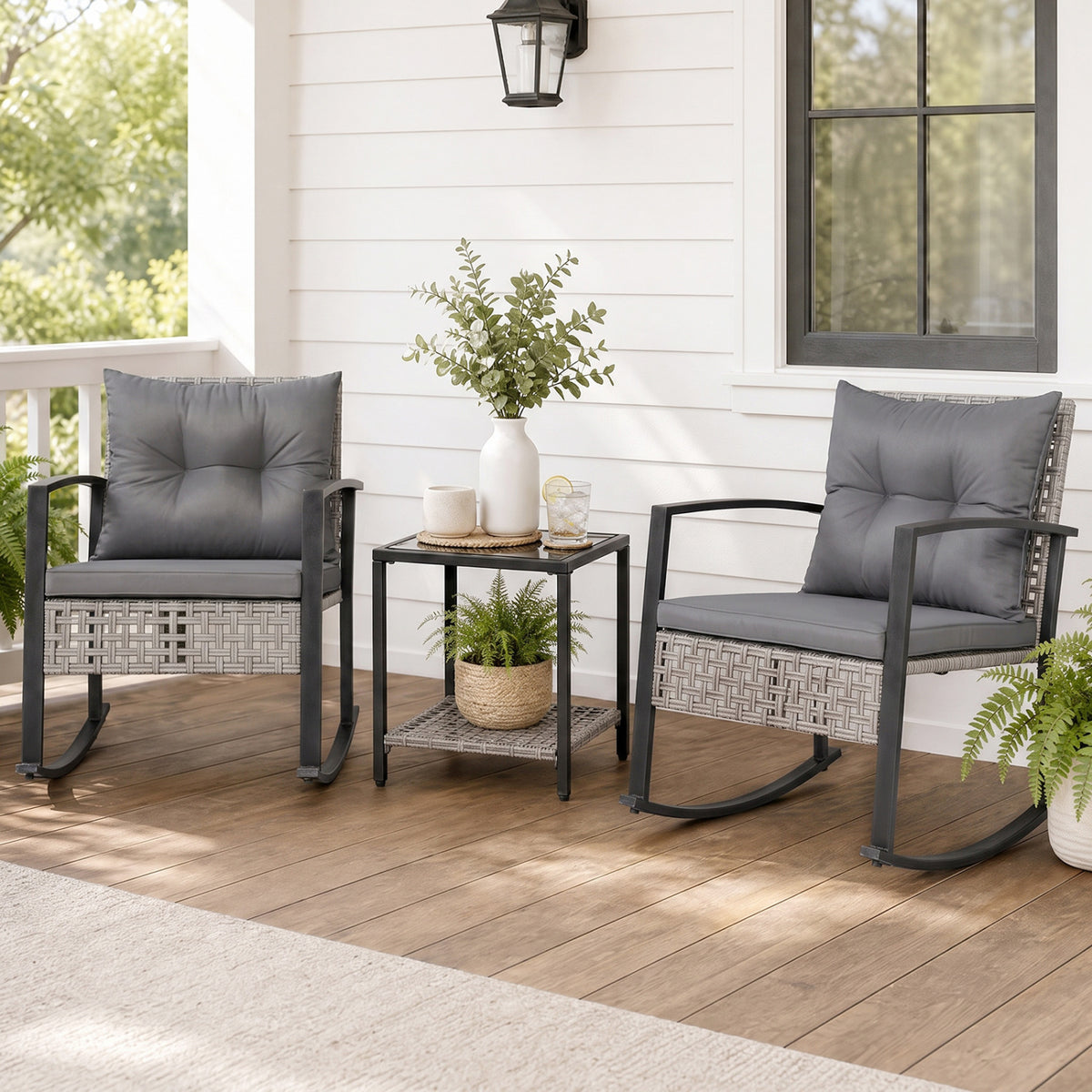 3-Piece Outdoor Rocking Chair Set for Garden-Gray