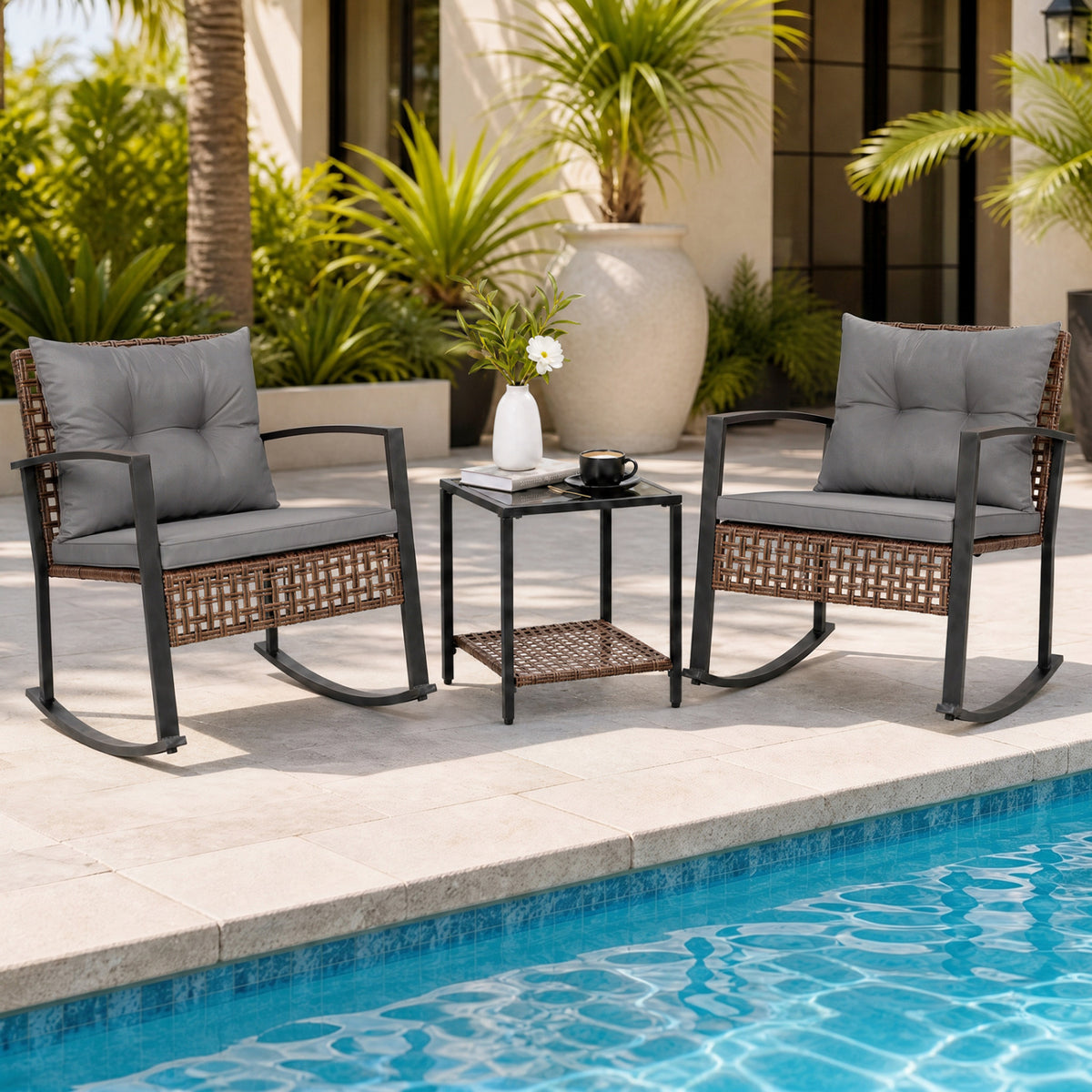 3-Piece Outdoor Rocking Chair Set-Gray