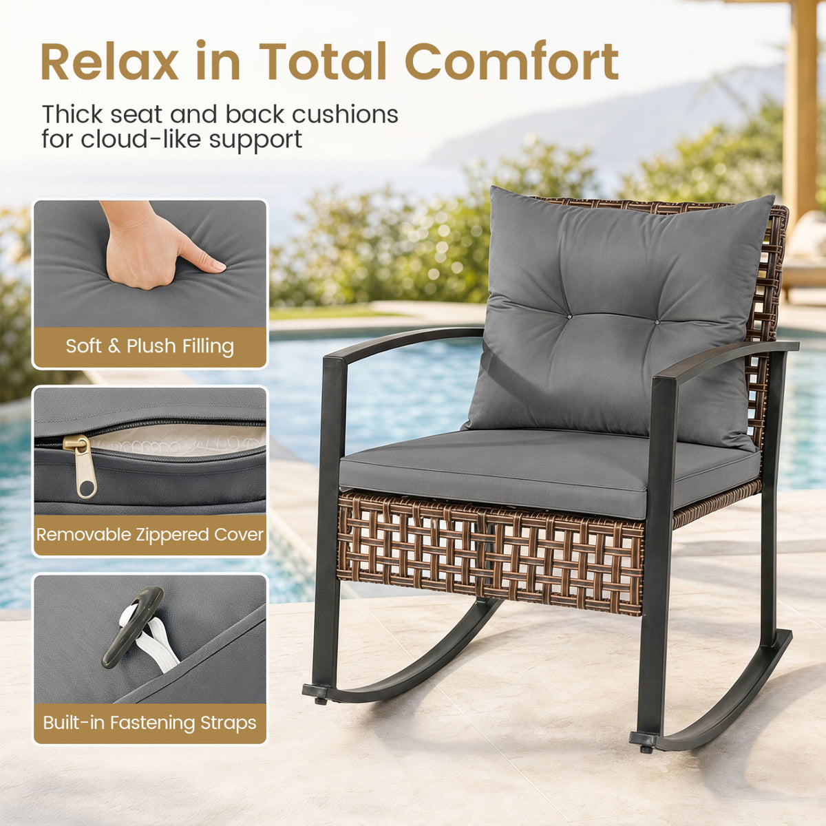 3-Piece Outdoor Rocking Chair Set-Gray