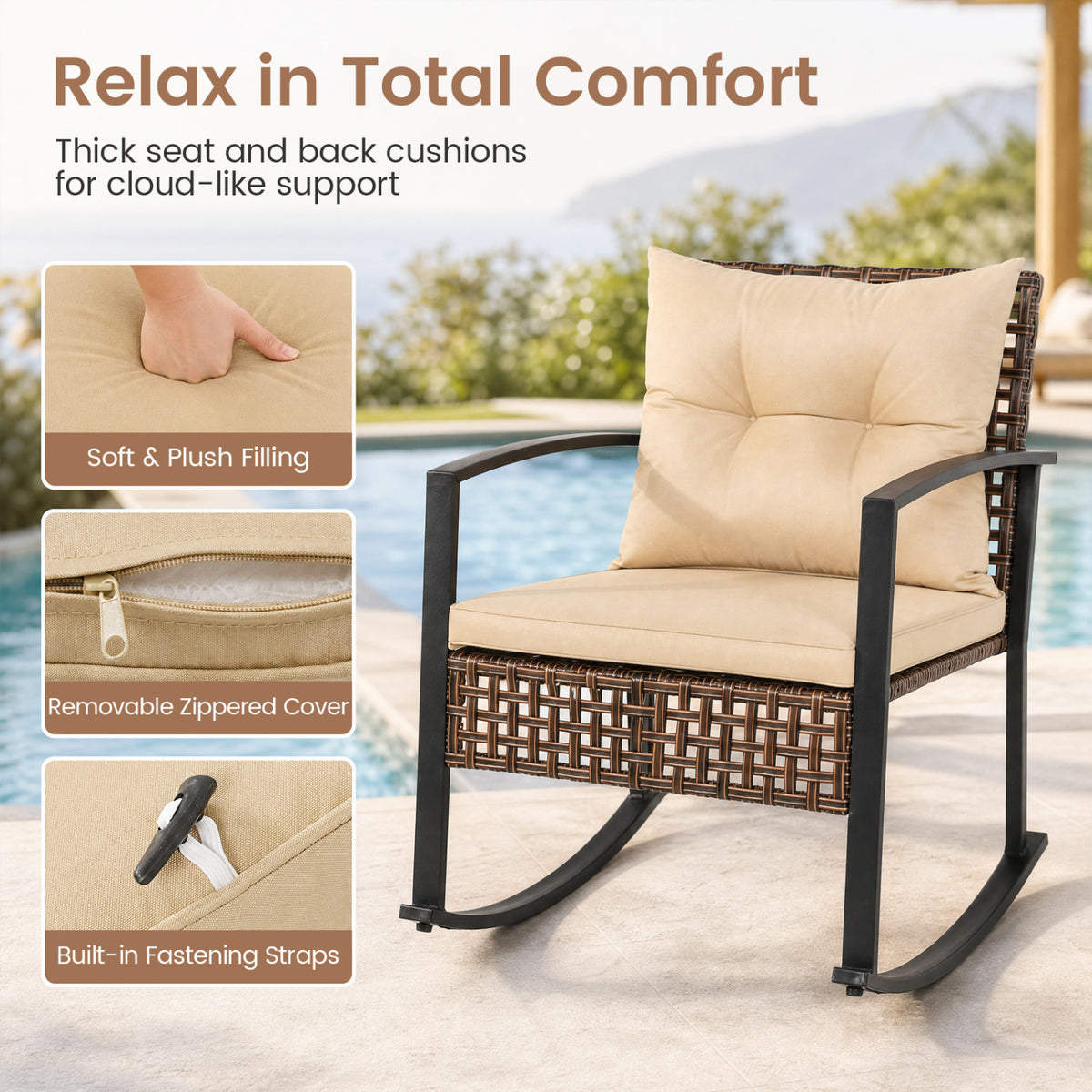 3-Piece Outdoor Rocking Chair Set-Brown
