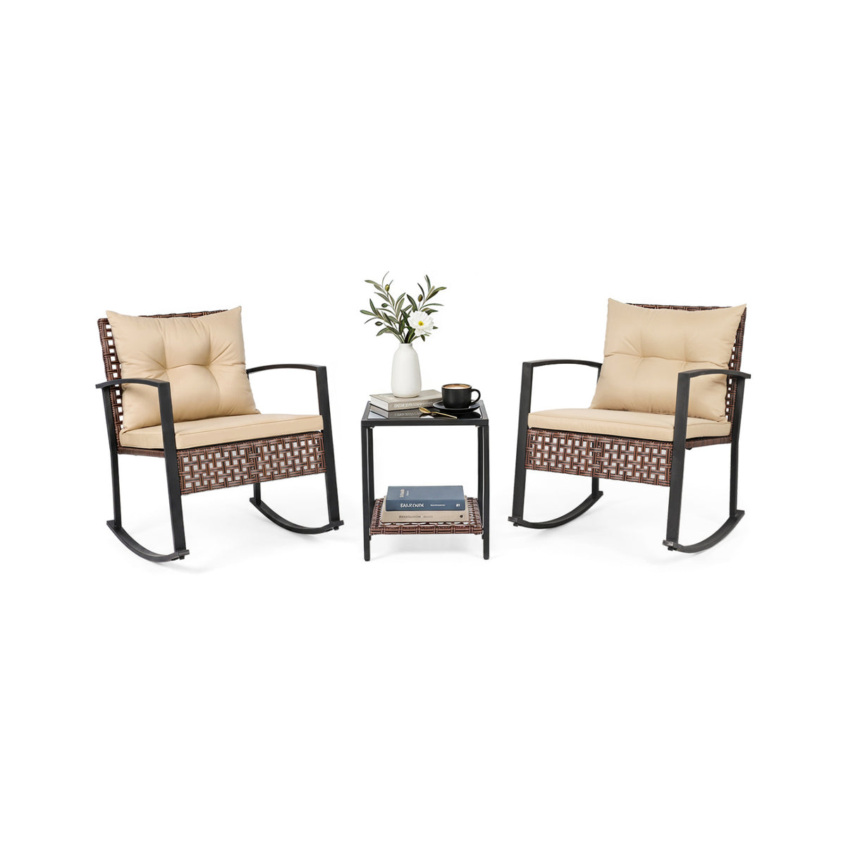 3-Piece Outdoor Rocking Chair Set-Brown