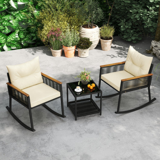 3 Piece Outdoor PE Rattan Rocking Bistro Set with 2-Tier Coffee Table-Black