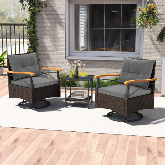 3 Piece Outdoor Swivel Chair Set with Tempered Glass Side Table-Gray