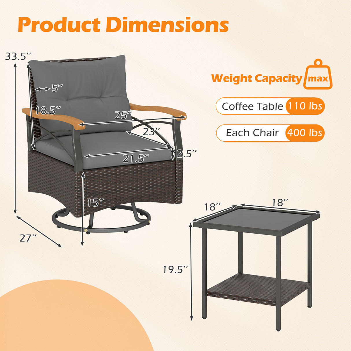 3 Piece Outdoor Swivel Chair Set with Tempered Glass Side Table-Gray