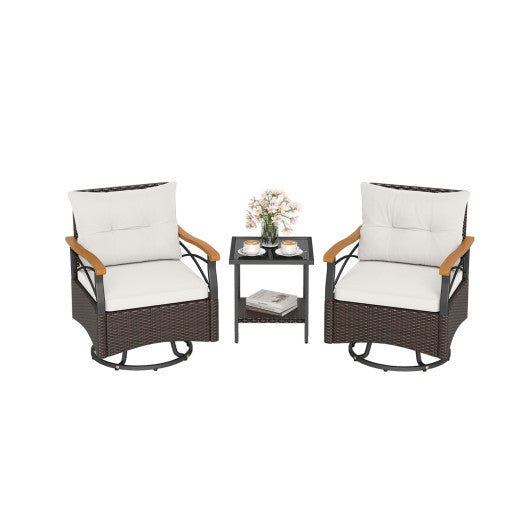 3 Piece Outdoor Swivel Chair Set with Tempered Glass Side Table-White