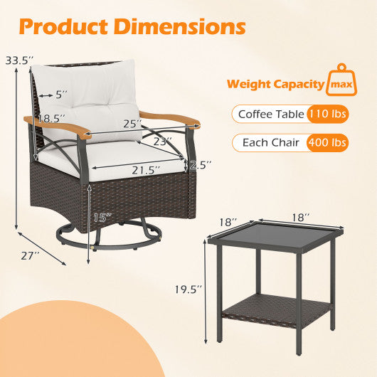 3 Piece Outdoor Swivel Chair Set with Tempered Glass Side Table-White
