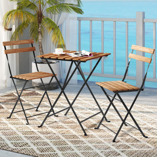3 Piece Patio Acacia Wood Bistro Set with Slatted Seat and Tabletop-Brown