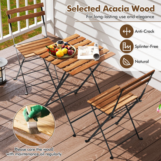 3 Piece Patio Acacia Wood Bistro Set with Slatted Seat and Tabletop-Brown