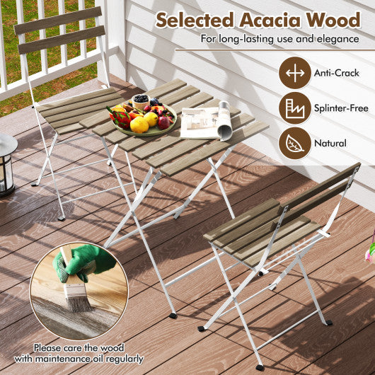 3 Piece Patio Acacia Wood Bistro Set with Slatted Seat and Tabletop-Gray