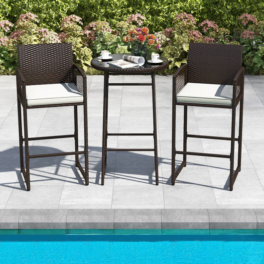 3 Piece Patio Bar Set Outdoor Wicker Bar Height Table and Armchairs-White