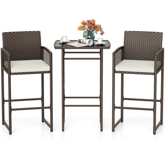 3 Piece Patio Bar Set Outdoor Wicker Bar Height Table and Armchairs with 2 Seat Cushions-White