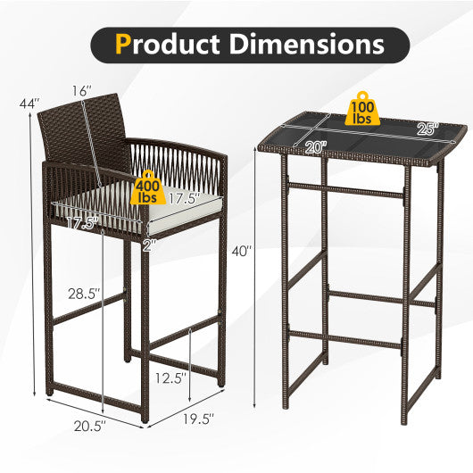 3 Piece Patio Bar Set Outdoor Wicker Bar Height Table and Armchairs with 2 Seat Cushions-White