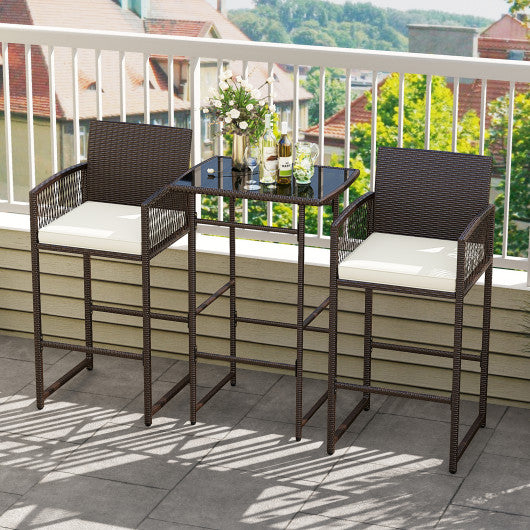 3 Piece Patio Bar Set Outdoor Wicker Bar Height Table and Armchairs with 2 Seat Cushions-White