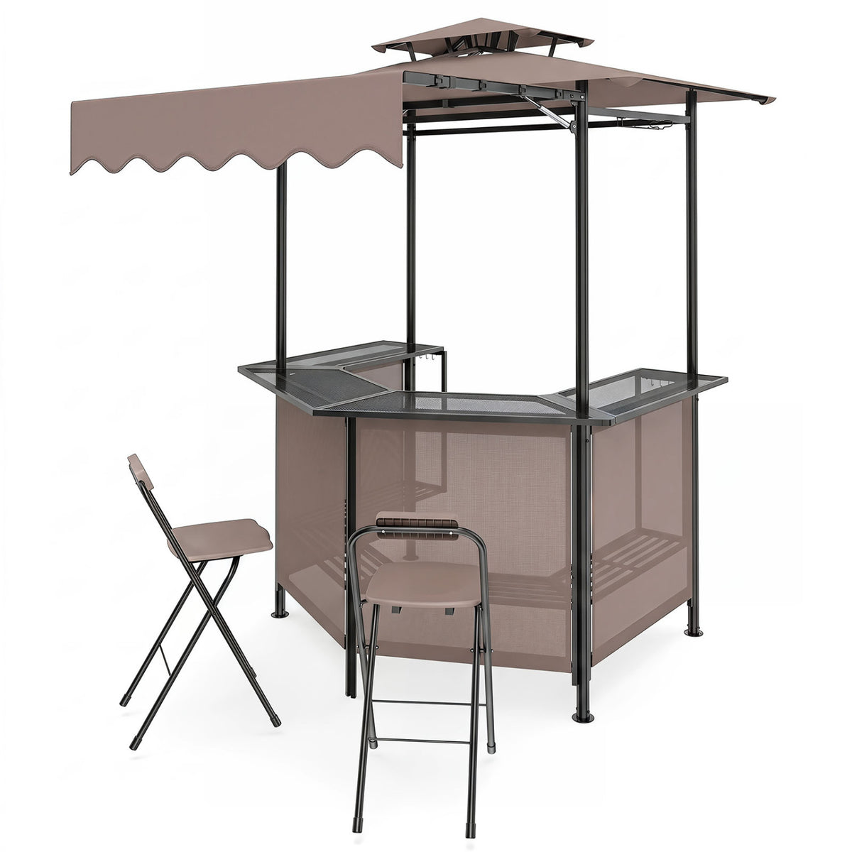 3-Piece Patio Bar Set Outdoor Grill Gazebo and 2 Folding Bar Stools-Brown