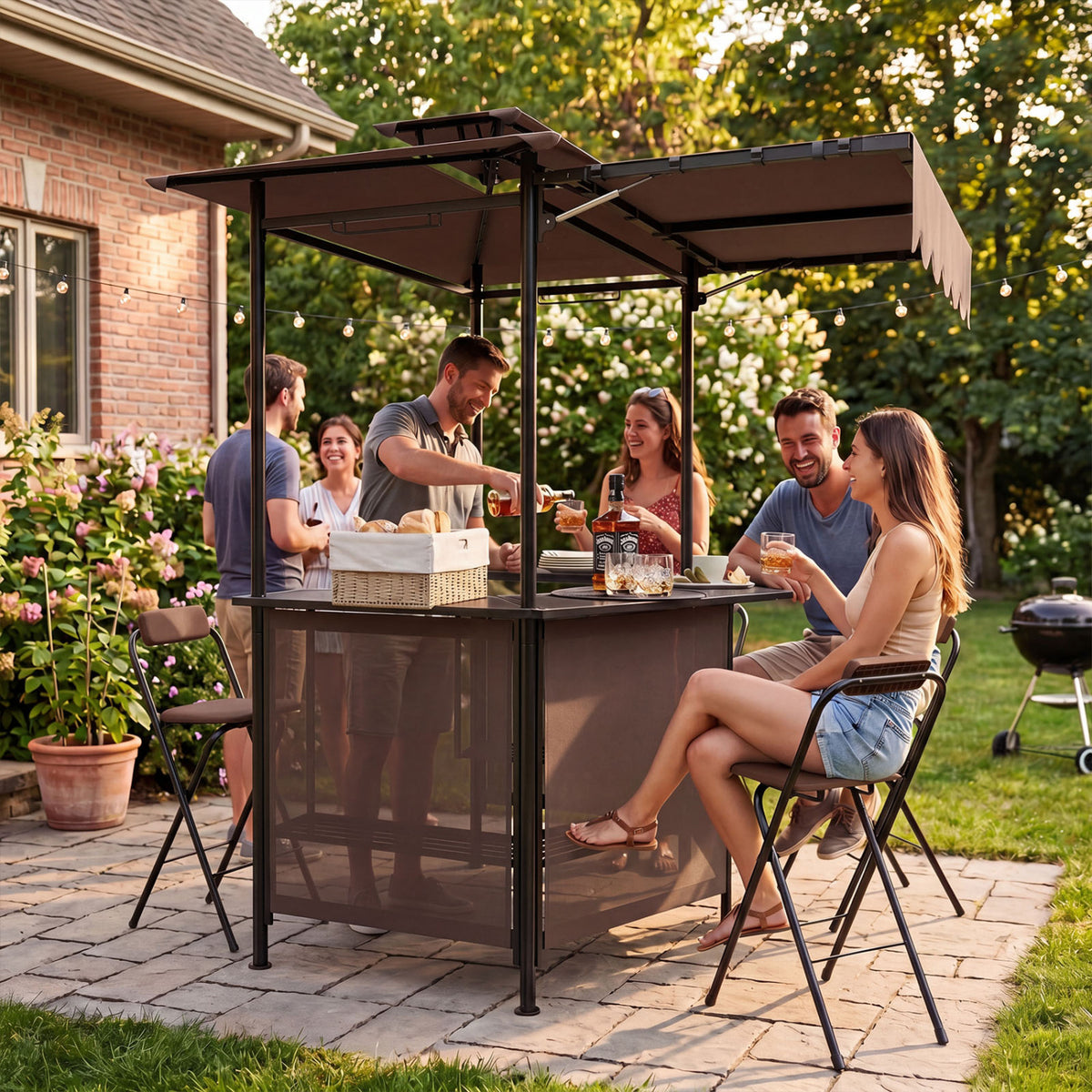 3-Piece Patio Bar Set Outdoor Grill Gazebo and 2 Folding Bar Stools-Brown