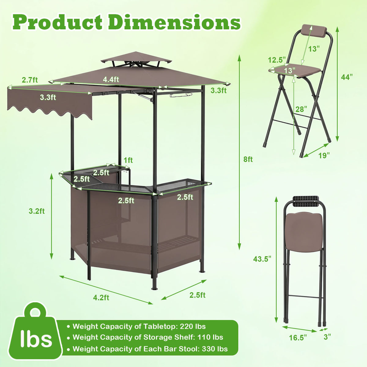 3-Piece Patio Bar Set Outdoor Grill Gazebo and 2 Folding Bar Stools-Brown