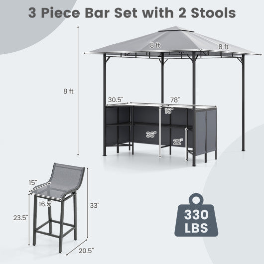 3-Piece Patio Bar Set 8 x 8 FT Double-Tier Grill Gazebo with 2 Bar Stools-Gray